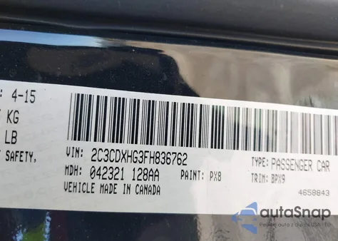 2015 Dodge Charger Sxt из США, поврежденный, VIN 2C3CDXHG3FH836762